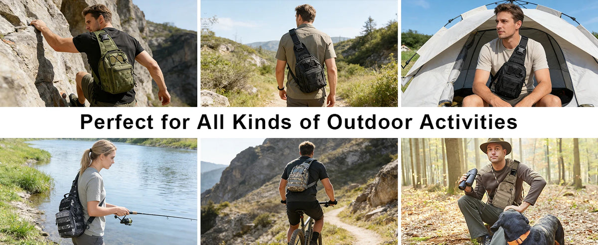 Eine Sammlung von Bildern, die eine taktische MOLLE-Umhängetasche bei verschiedenen Outdoor-Aktivitäten wie Wandern, Angeln u