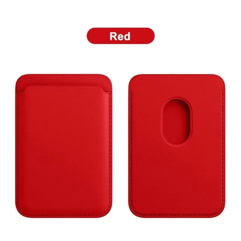 A pair of red MagSafe leather card wallets shown side by side.