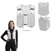 A white hydration vest backpack shown on a model, featuring mesh and padded compartments.