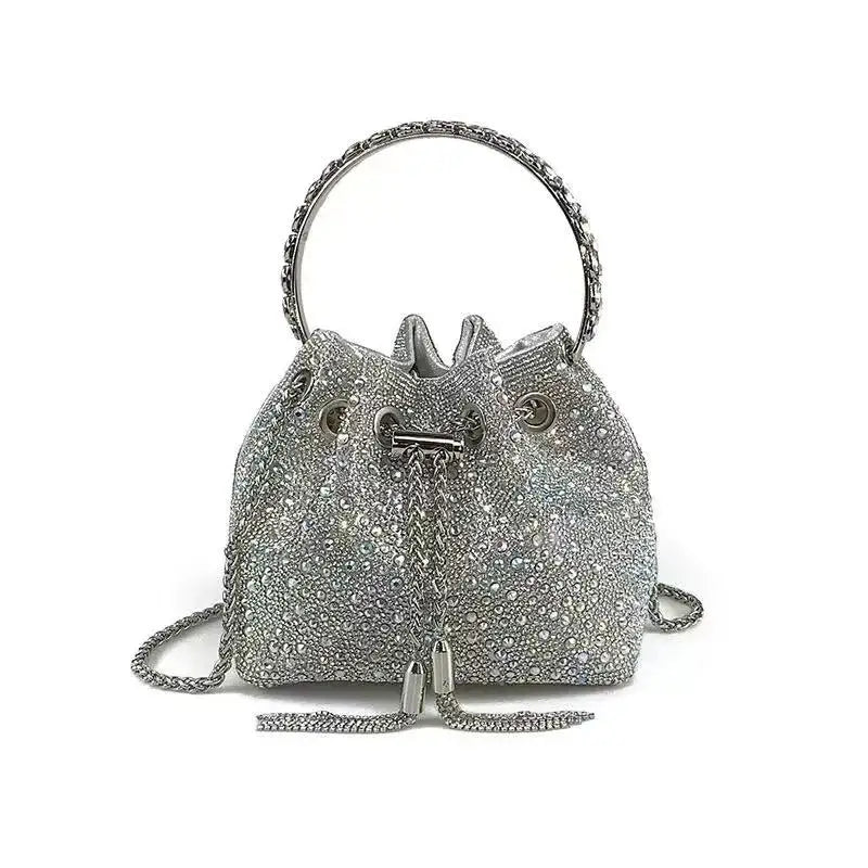 Silver crystal-embellished evening clutch bag with a chain strap
