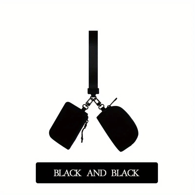 Black and black elegant PU wristlet key card wallet hanging from a strap