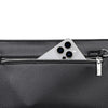 A close-up of a black PU leather clutch bag with a silver zipper and a triangular camera lens design detail.