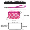 A pink checkered wallet with an ID window shown alongside a smartphone for size reference.