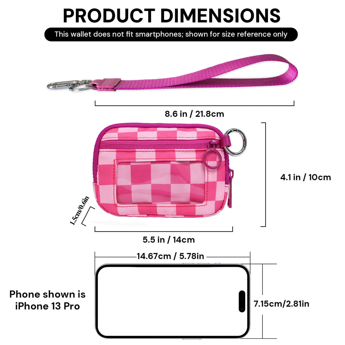 A pink checkered wallet with an ID window shown alongside a smartphone for size reference.