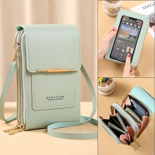 A light mint green luxury women's crossbody shoulder bag with gold hardware and a zippered interior pocket.