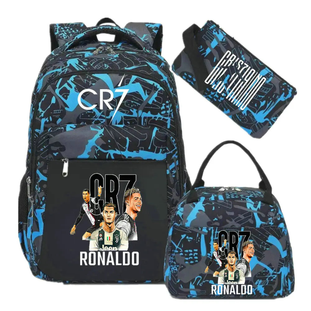 A black and blue sports backpack featuring Cristiano Ronaldo graphics and a separate rain cover.