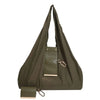A dark olive green reusable nylon mini keychain tote bag with a rectangular leather patch detail.