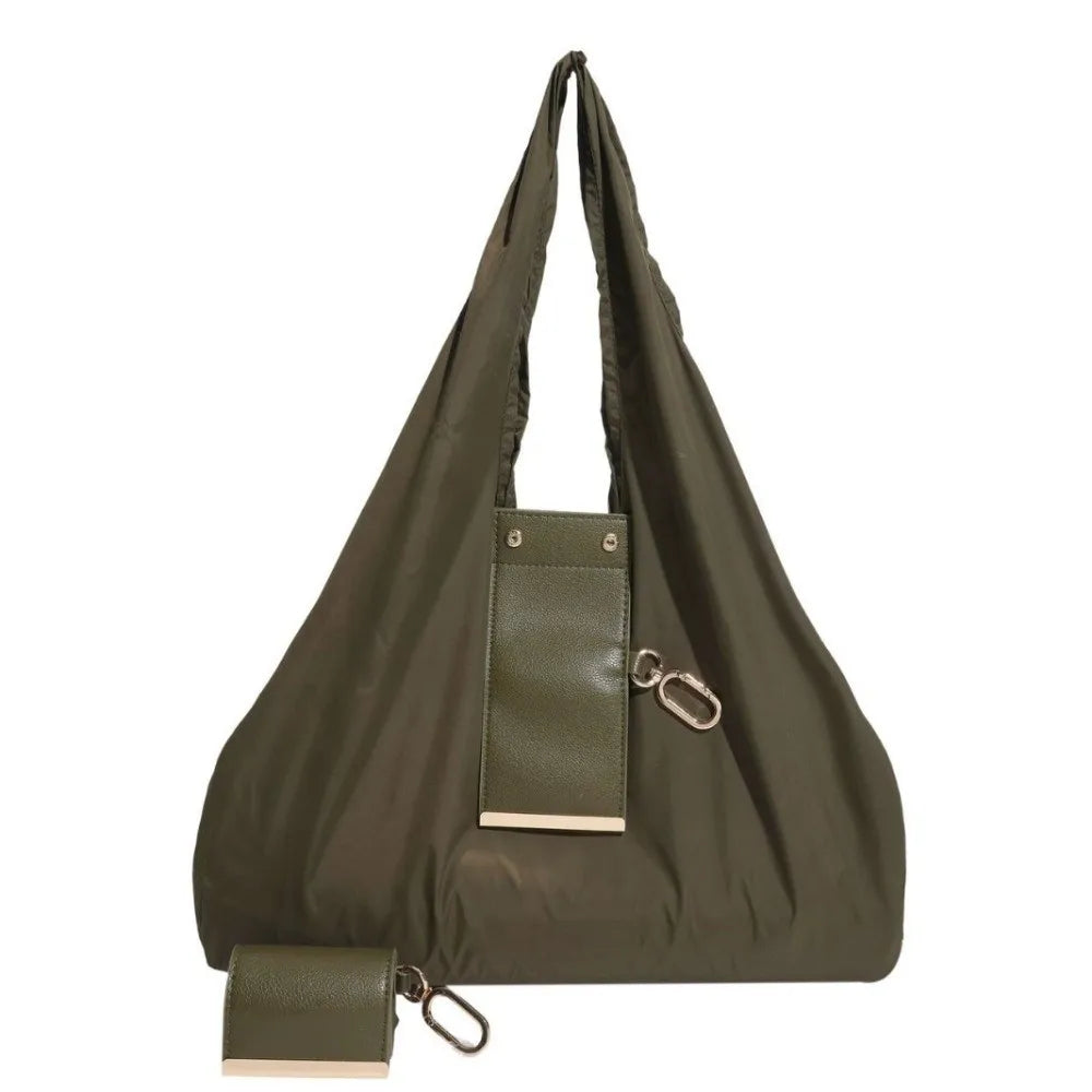 A dark olive green reusable nylon mini keychain tote bag with a rectangular leather patch detail.