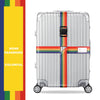 Silver adjustable luggage featuring a colorful striped cross strap and bundling belt.
