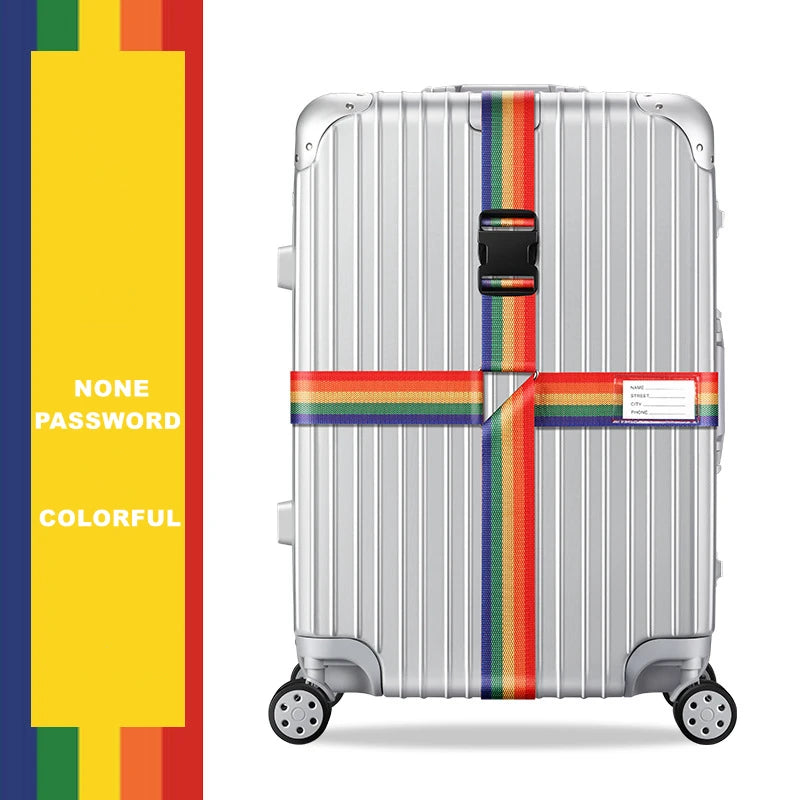 Silver adjustable luggage featuring a colorful striped cross strap and bundling belt.
