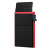 A red and black slim metal RFID credit card holder wallet with multiple slots.