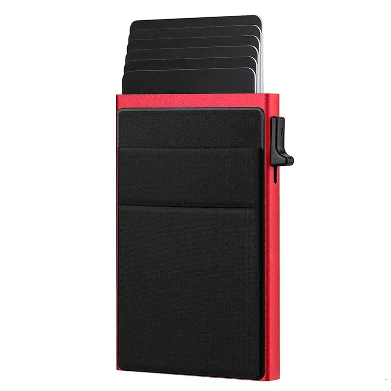 A red and black slim metal pop-up card holder wallet with multiple slots.