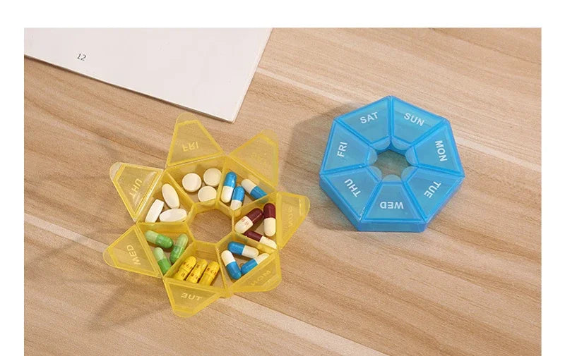 A yellow 7-day weekly pill organizer with compartments filled with pills is shown next to a blue weekly calendar organizer.