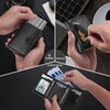 Close-up shots showing a black patterned men's pop-up wallet being used to store cards and coins.