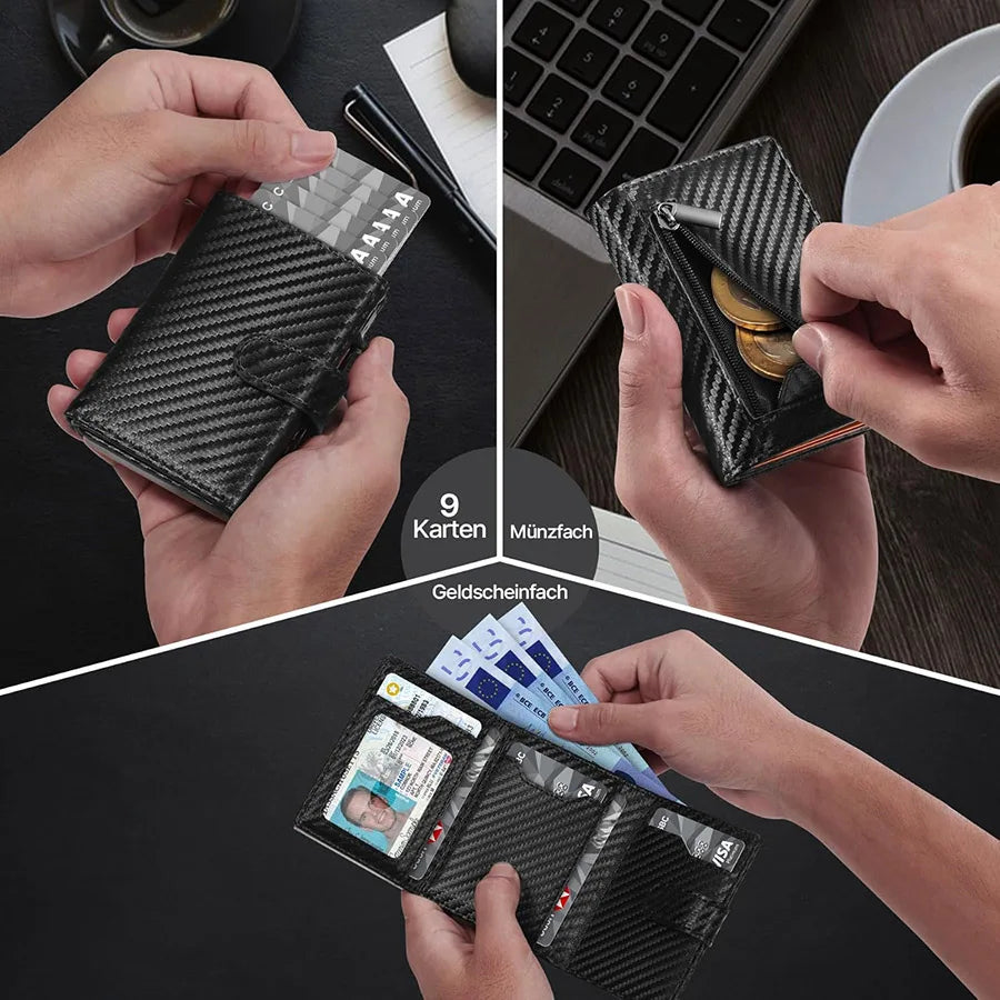 Close-up shots showing a black patterned men's pop-up wallet being used to store cards and coins.