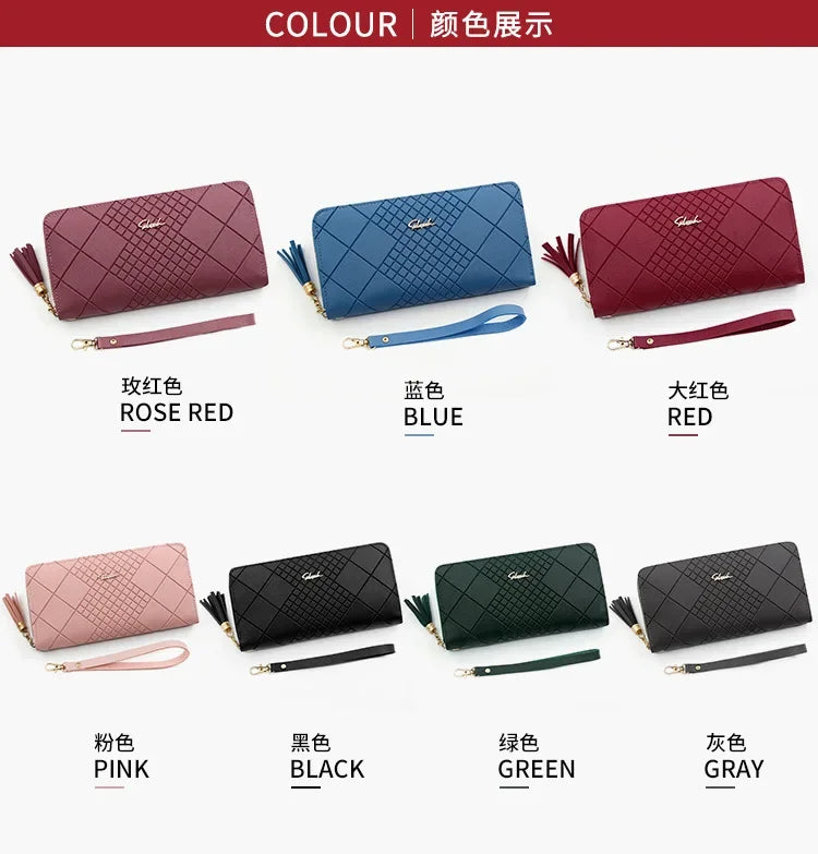 A collection of elegant PU leather clutch wallets in various colors including rose red, blue, red, pink, black, green, and gr