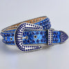 A blue rhinestone decorative western buckle belt for jeans and accessories.