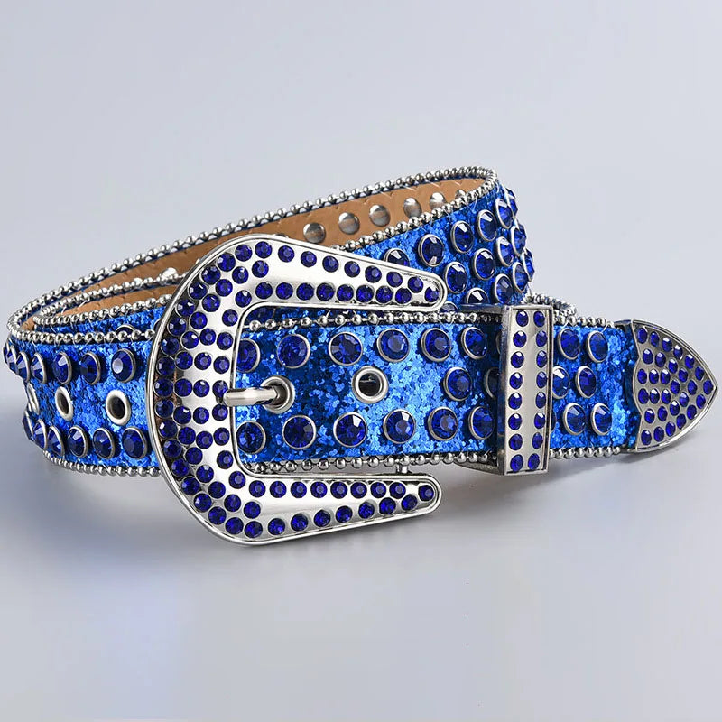 A blue rhinestone decorative western buckle belt for jeans and accessories.
