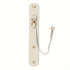 A beige vintage leather glove holder strap with brass hardware and a leather loop.