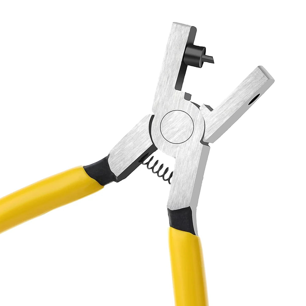 A silver professional leather hole punch plier with yellow handles.
