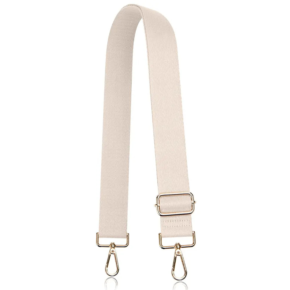 A beige nylon crossbody bag strap with a gold-toned buckle and metal hardware.
