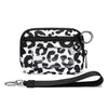 A black and white leopard print zippered wallet with a silver keychain strap.