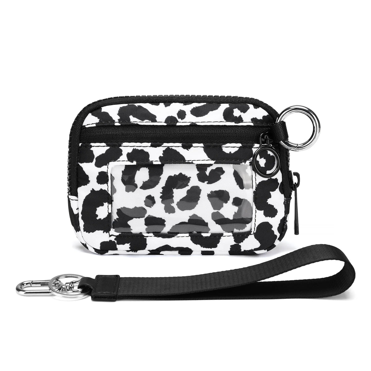 A black and white leopard print zippered wallet with a silver keychain strap.
