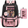 A pink and black canvas backpack featuring a funny print of girl's silhouettes.
