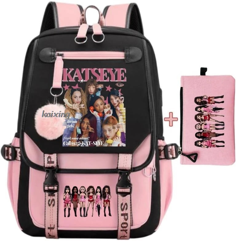 A pink and black canvas backpack featuring a funny print of girl's silhouettes.