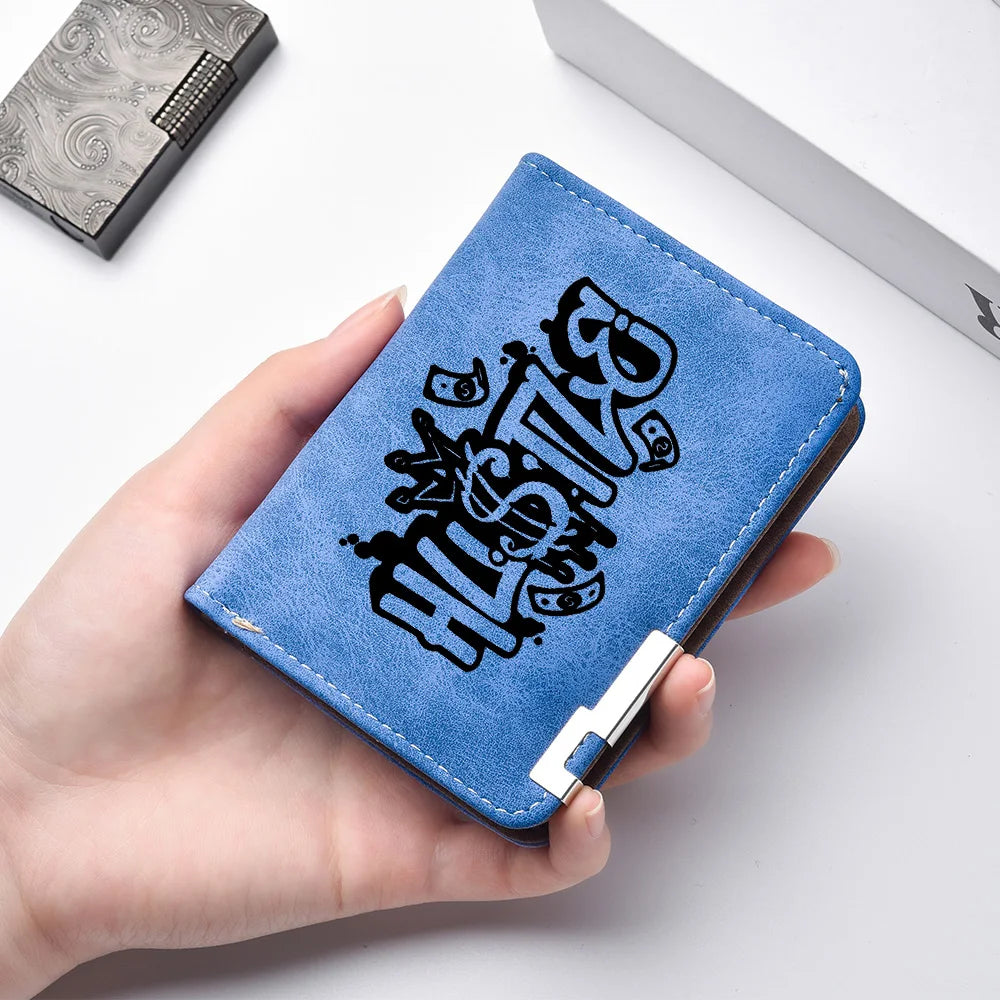 A hand holds a blue denim-like PU leather wallet with a black cartoon print on it.