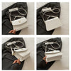 A white leather shoulder messenger bag with gold hardware is shown in various angles against a dark blazer.