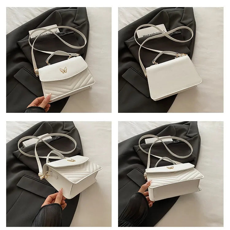 A white leather shoulder messenger bag with gold hardware is shown in various angles against a dark blazer.