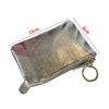 Silver metallic leather compact coin purse and key holder with a gold-colored ring.