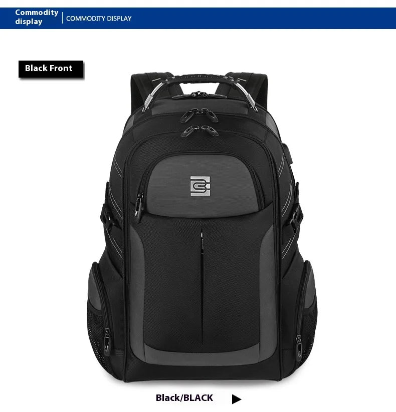 Black front view of a durable men's laptop backpack.