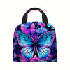 A vibrant butterfly print insulated tote bag with purple, blue, and pink floral designs.