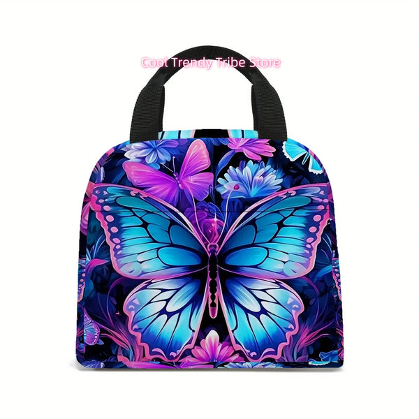 Bolso térmico con estampado de mariposa vibrante en morado, azul y rosa floral.