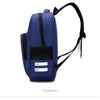 A dark blue cartoon anime backpack with black zippers and a black strap, shown from the back.