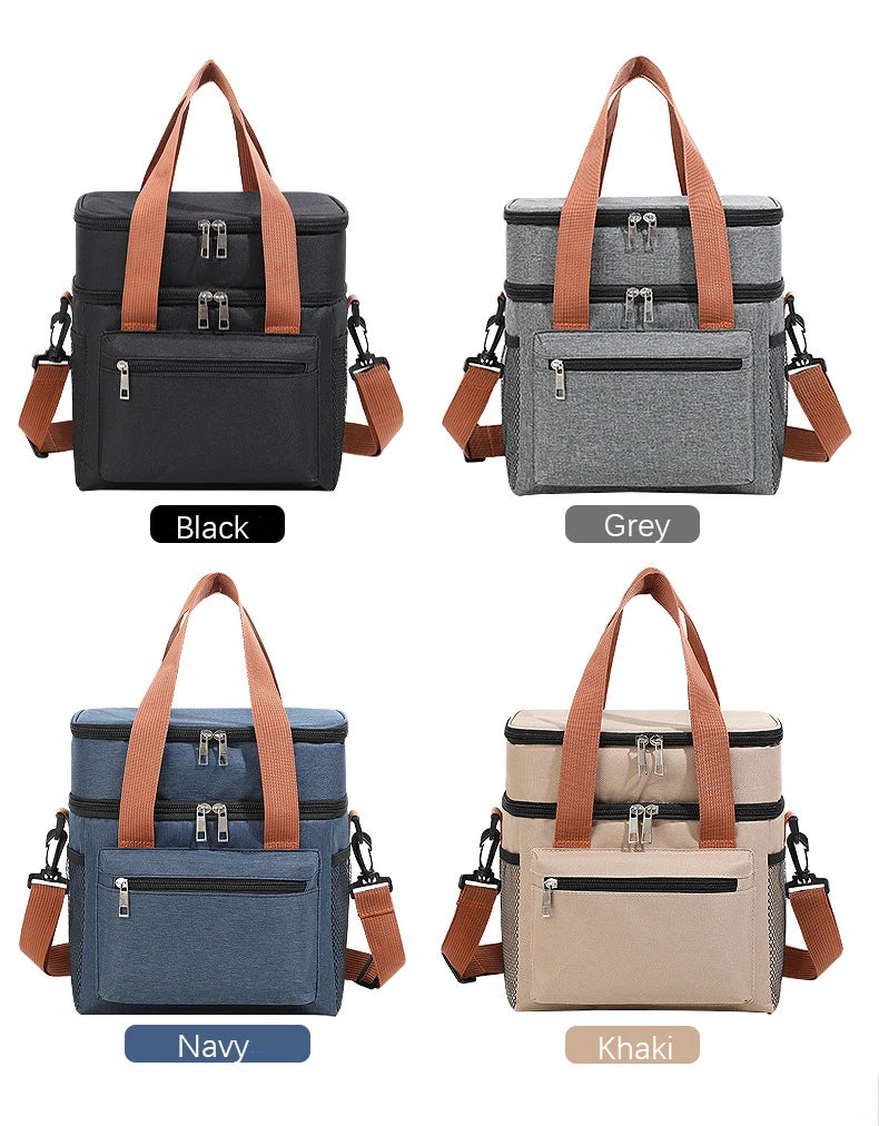 Cuatro opciones de color de una resistente bolsa térmica aislada para almuerzos en picnic en negro, gris, azul marino y caqui