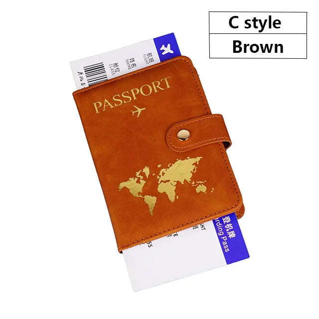 Brown C style passport and ID holder cover made of premium PU leather with a gold world map design