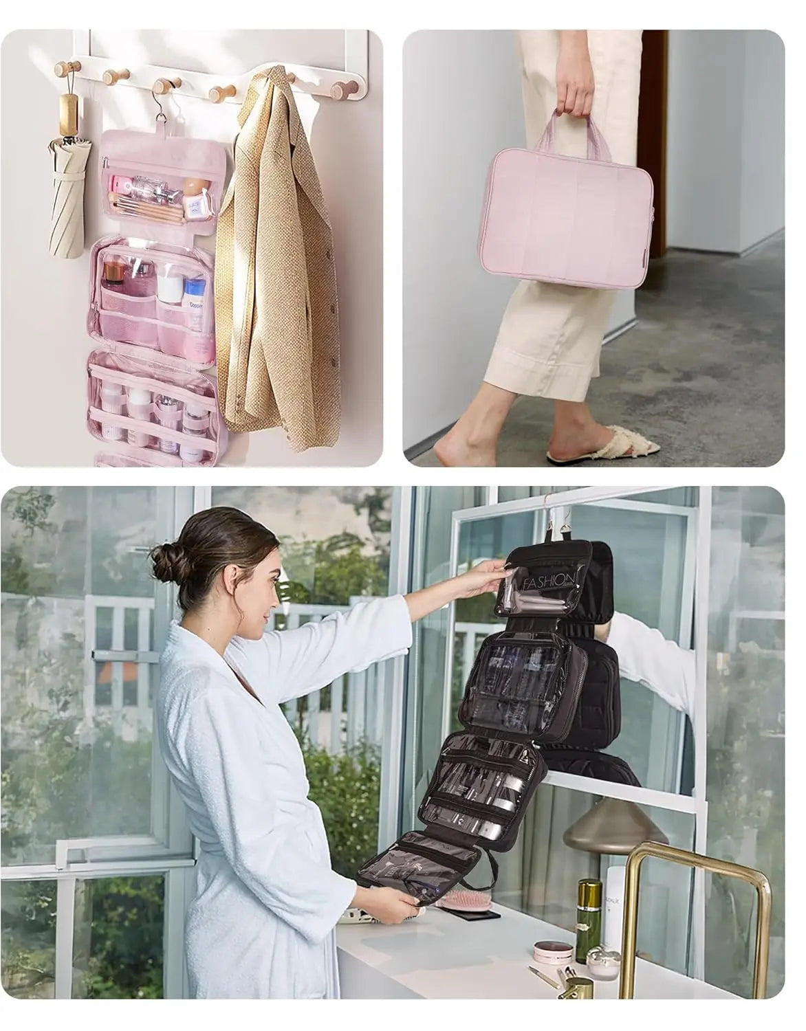 Un sac organisateur de maquillage portable et suspendu rose est exposé sur un mur et utilisé par une femme.