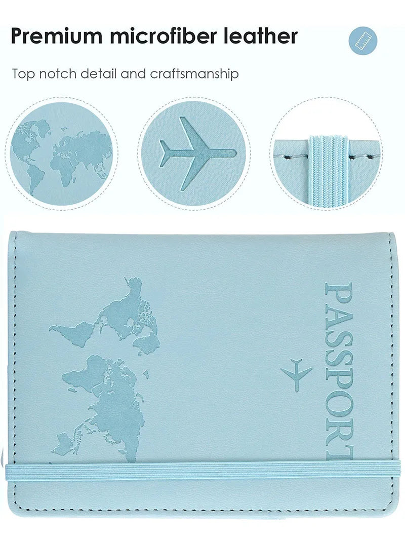 Light blue microfiber leather passport holder featuring a world map design and stitching details
