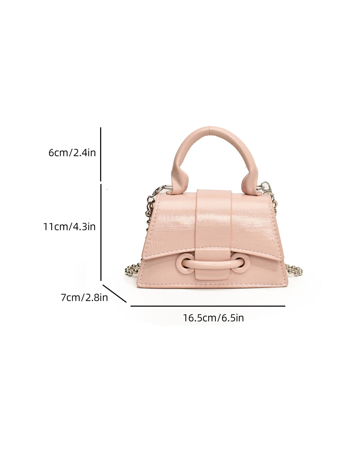 A light pink elegant square crossbody bag with a leather strap and chain detail.