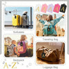 A collection of luggage tags, including a yellow suitcase, a gray suitcase, a traveling bag, a backpack, and a brown luggage 