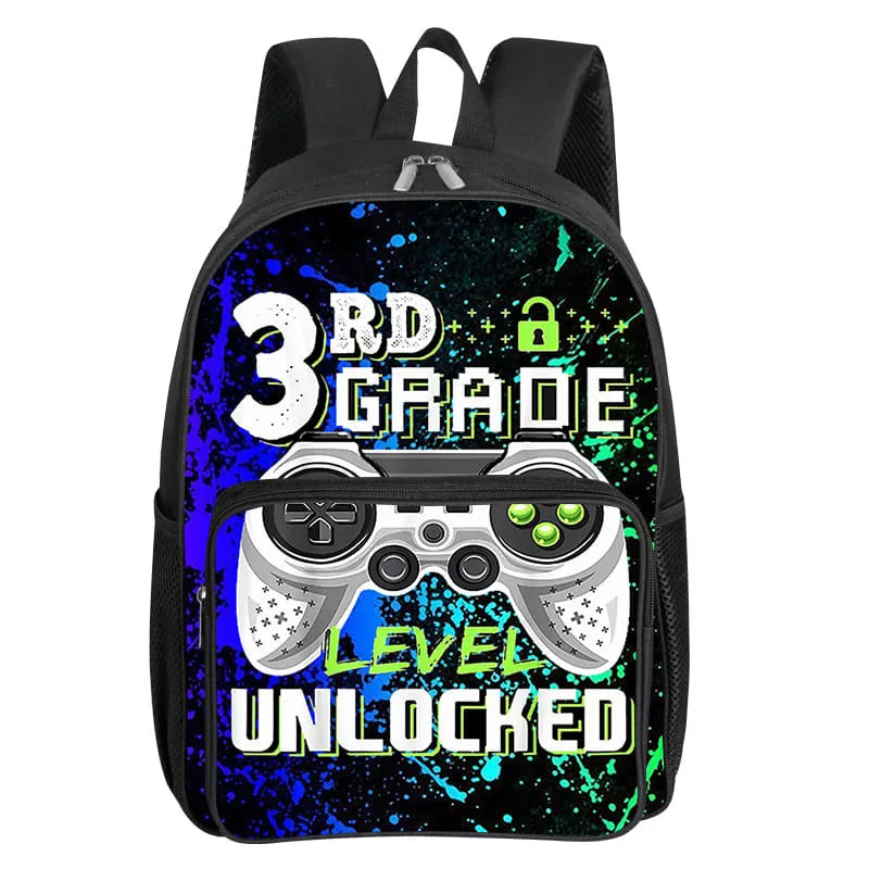 A black backpack featuring a vibrant blue and green pixelated graphic with the text 3rd Grade Level Unlocked.