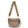 A tan nylon crossbody bag with a checkered pattern in orange, teal, and brown.