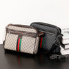 A brown leather men's letter print crossbody sling bag with a black strap and a black canvas wallet.