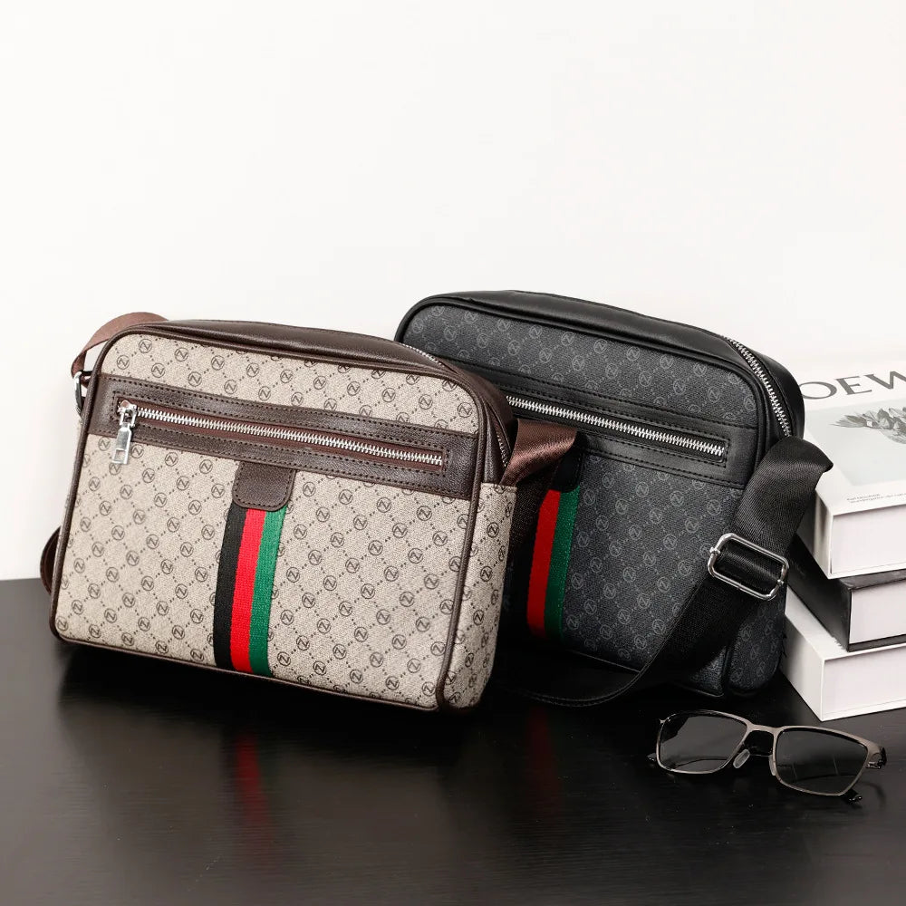 A brown leather men's letter print crossbody sling bag with a black strap and a black canvas wallet.