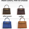 Four color options of a retro crocodile pattern tote bag: olive green, coffee, blue, and brown.