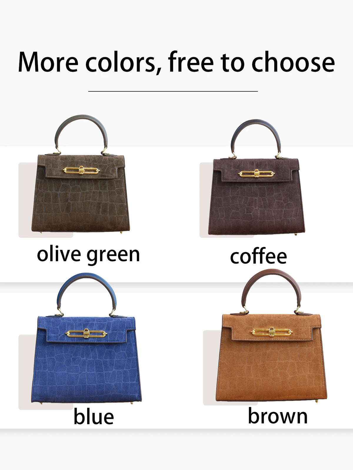 Four color options of a retro crocodile pattern tote bag: olive green, coffee, blue, and brown.