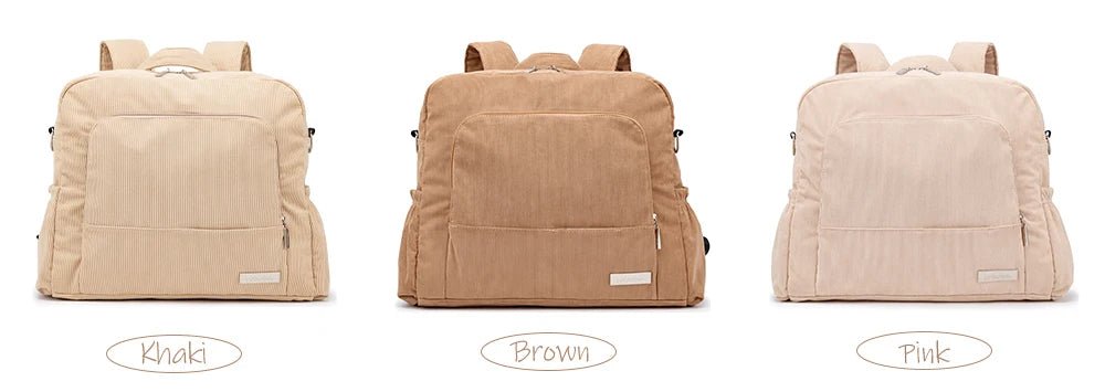 Three versions of a soft corduroy diaper backpack in khaki, brown, and pink shown from the back.